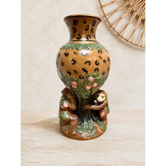 Other - Rare 70s Vintage Monkey Pedestal Ceramic Vase Majolica Style Jungle Leopard